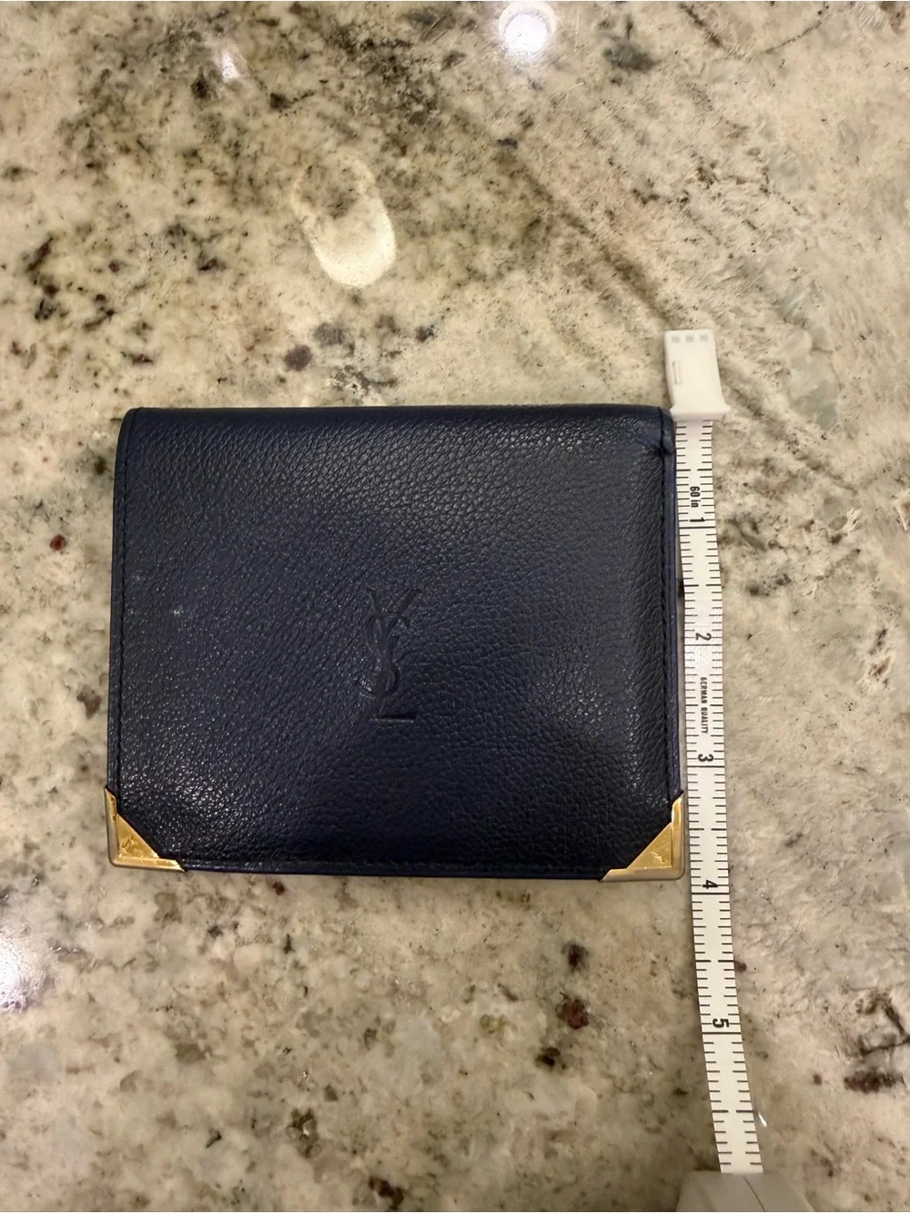 Yves Saint Laurent Navy Blue Leather Bifold Wallet with Gold Corners
